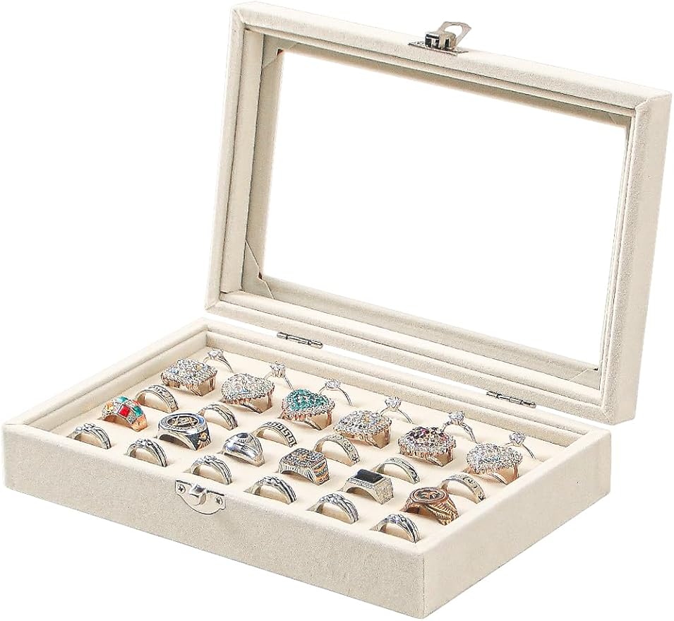 Ring Holder Organizer Box,Jewelry Ring Display Case, Earring Necklace Storage Tray With Top Glass Lid (Beige, 30 Slots Ring) by Ausalivan