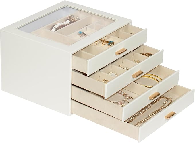 Jewelry Box with Glass Lid, 4-Layer Jewelry Organizer for Women Girls, PU Leather Display Case with 20-Grid Earring Tray & Movable Dividers for Necklaces Rings - Cloud White - Image 7