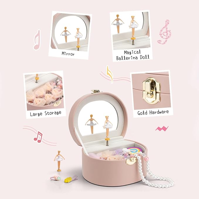 VLANDO Musical Jewelry Box for Girls, Small Kid Music Box with Ballerina for Party Bedroom Decor, Bithday Gift for Girl - Pink - Image 5