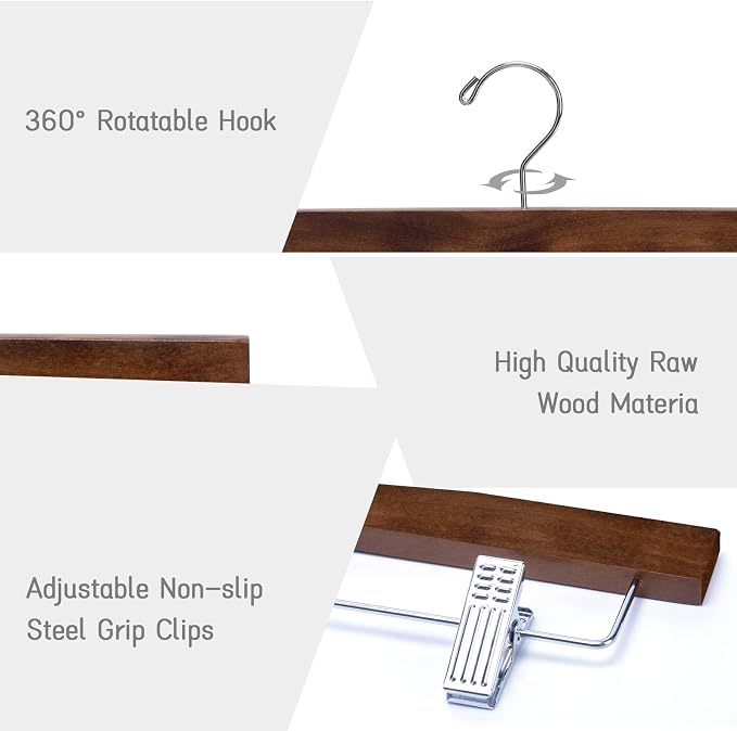 Nature Smile Solid Lotus Wood Deluxe Wooden Pants Hangers Bottom Hanger Jeans Hanger Skirt Hanger with 2-Adjustable Clips Anti Rust Hook 20 Pack (Retro) - Image 3