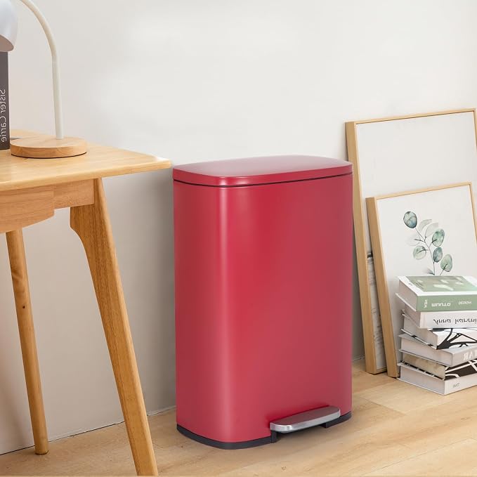 FDW | 13 Gallon Trash Can with Lid | Red | Fingerprint-Proof | Made of Brushed Stainless Steel | Soft-Close Step Pedal | Hands-Free Use | Easy to Clean | for Kitchen, Office, Bathroom - Image 2