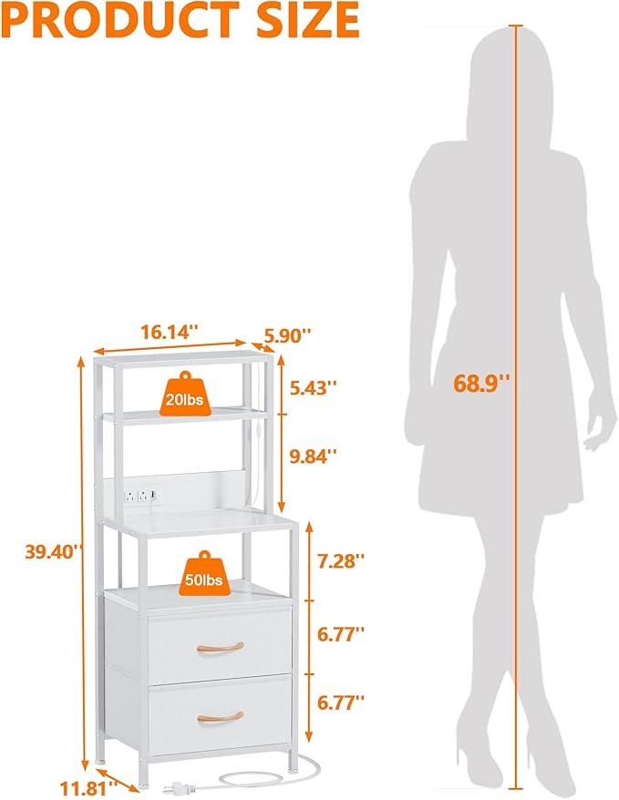 Furnulem Night Stand, Tall White Nightstand with 4-Tier Shelves, 2 PU Fabric Drawers and Light Tube, Bed Side Tables with Charging Station, Bedside Table for Bedroom