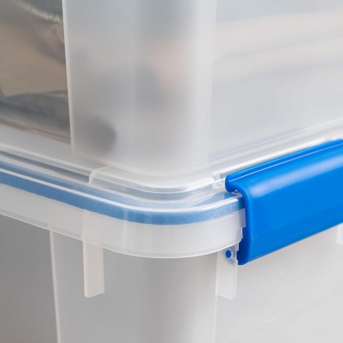 IRIS USA WeatherPro 60 Qt Storage Bins with Lids, 3 Pack, BPA-Free Plastic Gasket Box with Tight Latch and Seal, Stackable Nestable Tote Tub - Clear/Blue - Image 7