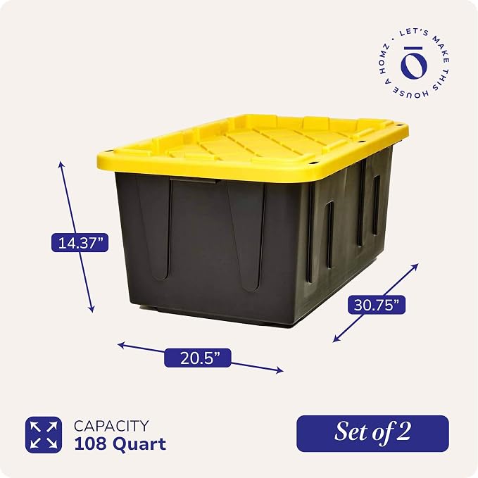 HOMZ 2-Pack Durabilt, Heavy Duty Plastic Storage Bins with Lids, 27 Gallon, Black/Yellow - Stackable Container Boxes for Home, Attic, and Garage Organization - Image 4