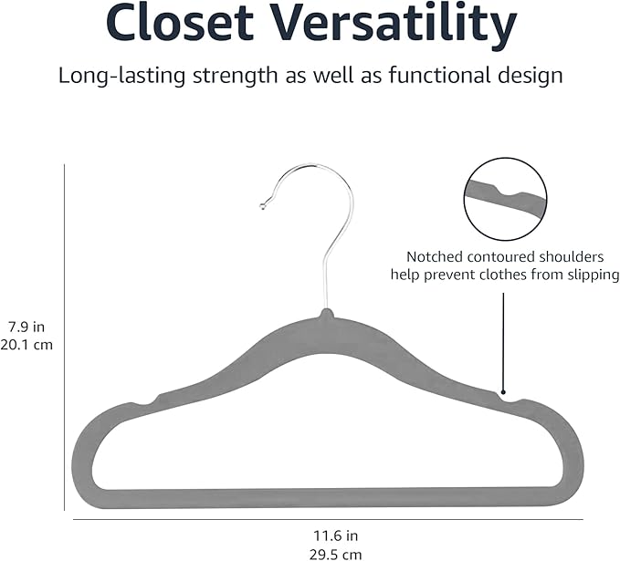Amazon Basics Kids Space Saving Velvet Non-Slip Clothes Hangers with Shoulder Notches for Infant and Toddler, Sturdy, 11.6", Gray, 50-Pack - Image 4