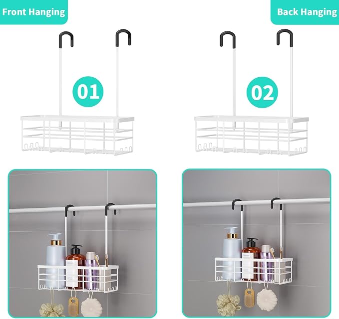 HapiRm Hanging Shower Caddy Organizer - No Drilling Shower Organizer with Hooks, Rustproof & Waterproof 304 Stainless Steel Bathroom Shelves - White (1 Basket) - Image 4