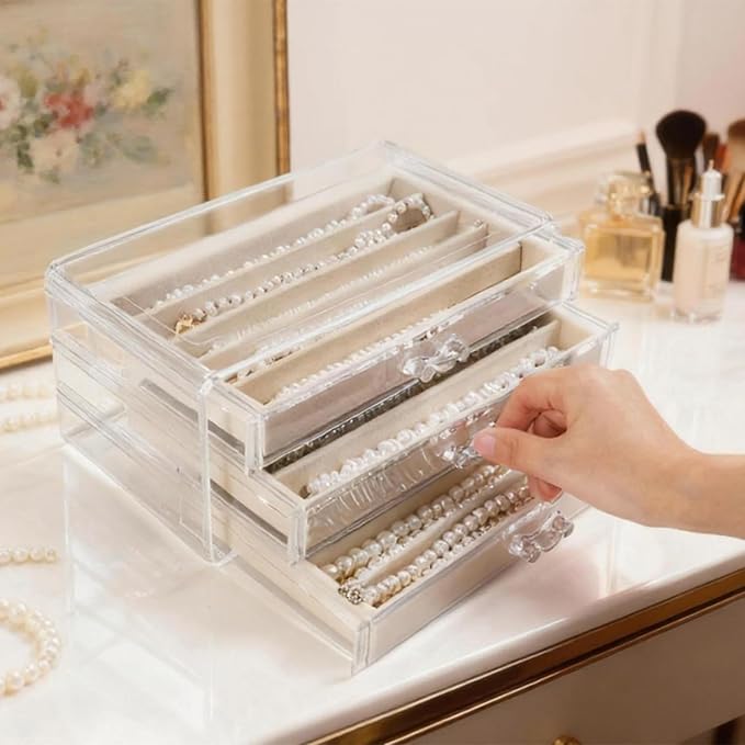 CLUQMEIK Necklace Organizer Box with Clear Lid, Dustproof Velvet Jewelry Holder Storage Display Case, Stackable Acrylic Necklace Tray Drawer Insert for Women and Girls (Beige,3 Drawers) - Image 6