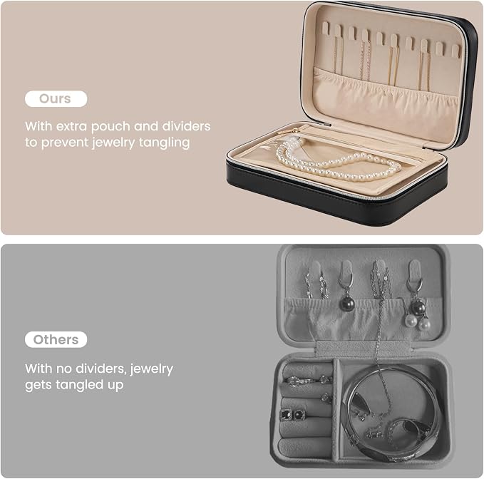 Lolalet Travel Jewelry Case for Women Girls, Travel Jewelry Organizer Box with Mirror & Clear Storage Bag, Small Portable Earring Necklace Bracelet Ring Case, Birthday Valentine Gifts -Medium, Black - Image 3