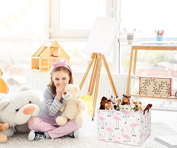 Flamingo Pink Basket Nursery Girl Baby Storage Basket Rectangular Cute Pattern Kids Toy Storage Bin Organizer Book Shelf Basket Baby Girls Flamingo Room Decor(Love Flamingo) - Image 4