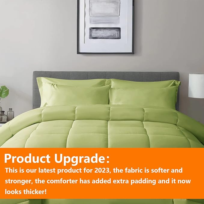 TAIMIT Sage Green Queen Size Comforter Set - 7 Pieces, Bed in a Bag Bedding Sets with All Season Soft Quilted Warm Fluffy Reversible Comforter,Flat Sheet,Fitted Sheet,2 Pillow Shams,2 Pillowcases