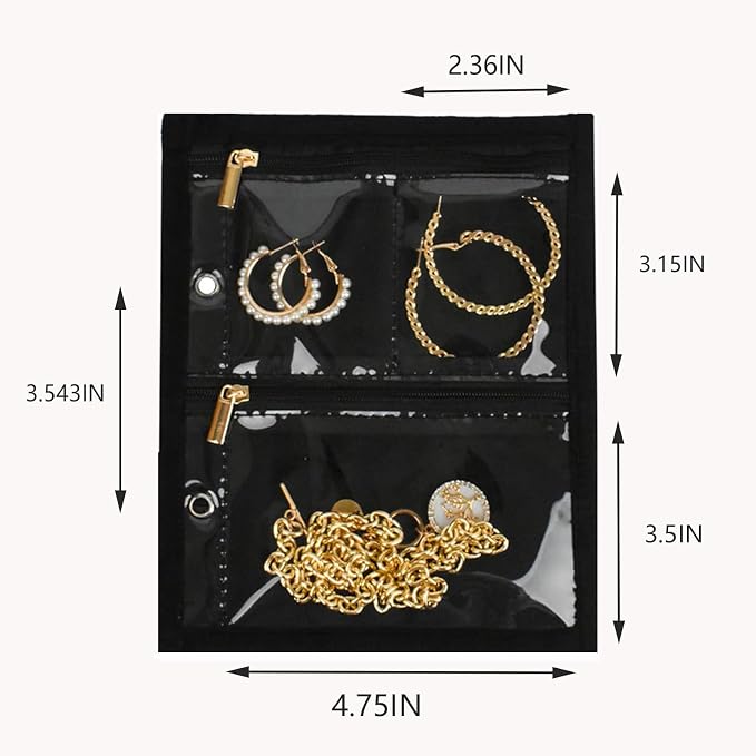 GSXRB Travel Jewelry Organizer Case with Clear Zipper Pouches,3pcs Velvet Jewelry Storage Book Binder, Multi-Layer Inner Pages for Earrings/Rings/Necklace/Bracelet, Compact & Waterproof(Black lining) - Image 2