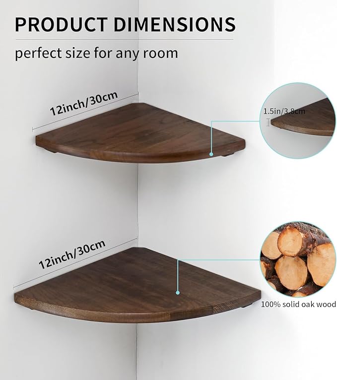 Corner Shelves, Floating Corner Shelf, Set of 2 12inch Solid Oak Wood Corner Wall Shelves, Round End with Wire Hole for Small Plant for Bedroom Kitchen, Living Room - Image 5