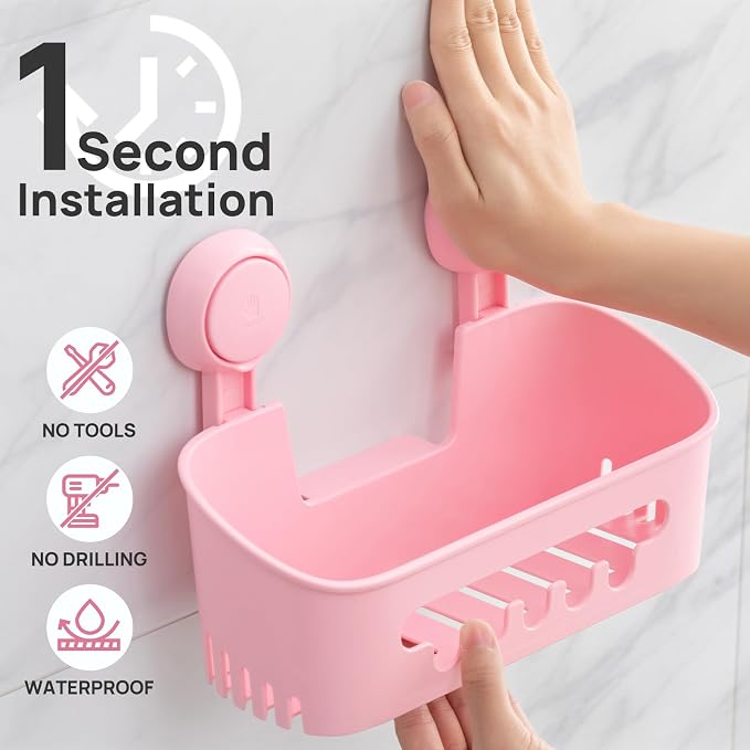 LEVERLOC Shower Caddy Suction Cup Set Shower Organizer & Soap Holder & Toothbrush Holder, Bathroom Shelf Basket NO-Drilling, Removable Suction Storage Waterproof Bathroom Caddy, Pink - Image 2