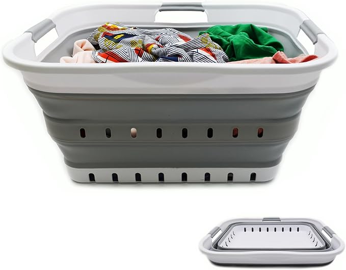 SAMMART 42L (11 gallon) Collapsible Plastic Laundry Basket - Foldable Pop Up Storage Container/Organizer - Space Saving Hamper/Basket (1, White/Grey) - Image 4