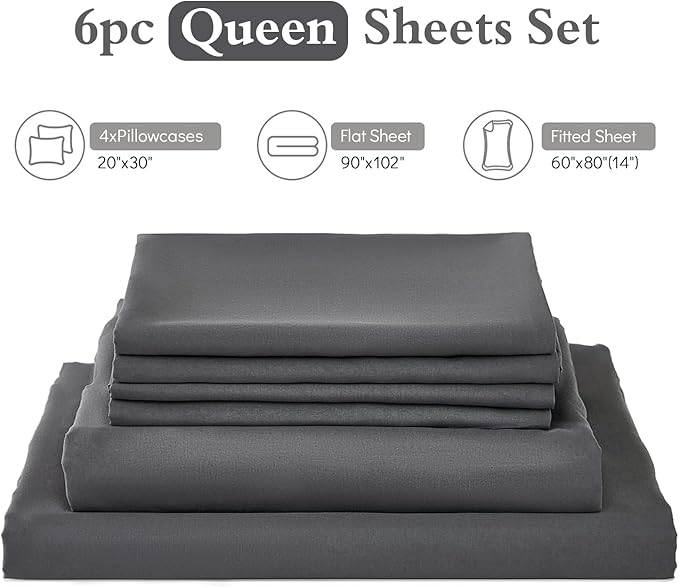 ILAVANDE Grey Queen Sheets Set 6 Piece,Hotel Luxury Super Soft 1800 Series Microfiber Queen Bed Sheets Set-Wrinkle Free & Breathable-14 Deep Pocket Sheets for Queen Size Bed(Queen,Grey)