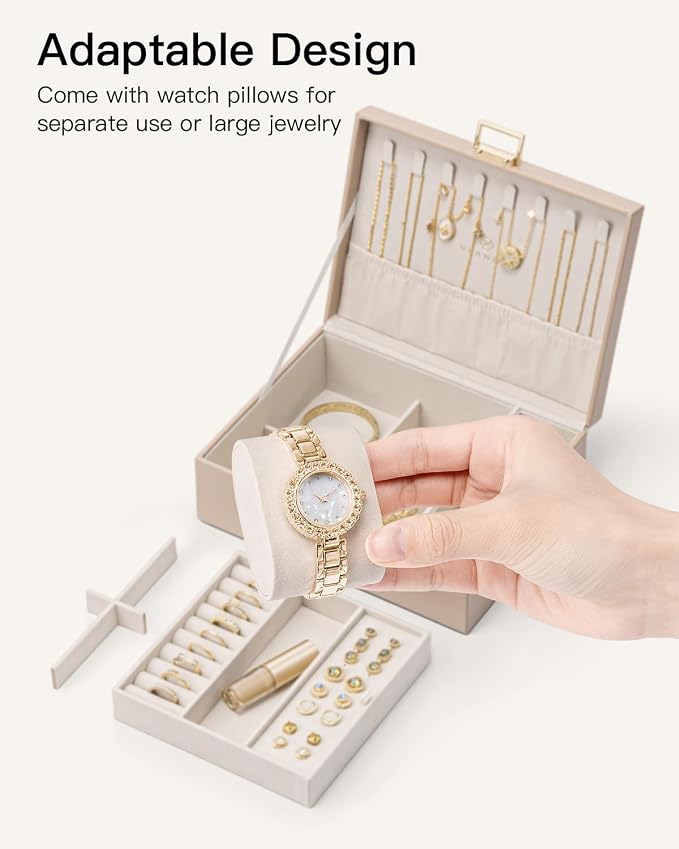 VLANDO Jewelry Organizer,2 Layer Jewelry Box Large Jewelry Organizer for Women Removable Jewelery Tray with Watch Pillow for Necklace Earrings Rings Bracelets (Toffee) - Image 5