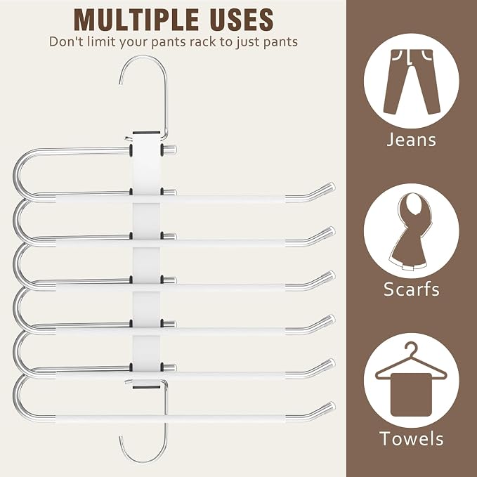 HUITEM 4 Pack 6-Tier Space Saving White Pant Hangers, Anti-Slip, Lightweight, Stainless Steel, Ideal for Closet Organization, Free Installation - Image 7