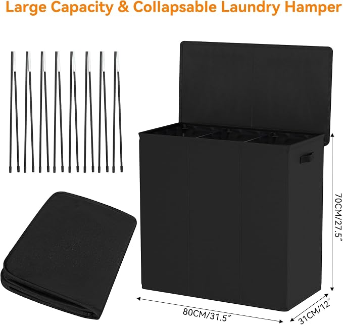 WOWLIVE 180L Laundry Hamper with Lid 3 Section,Large Laundry Basket with Removable Bags and Handles,Collapsible Dirty Clothes Hampers for Laundry,Laundry Basket Organizer for Laundry Room,Dorm,Black - Image 5