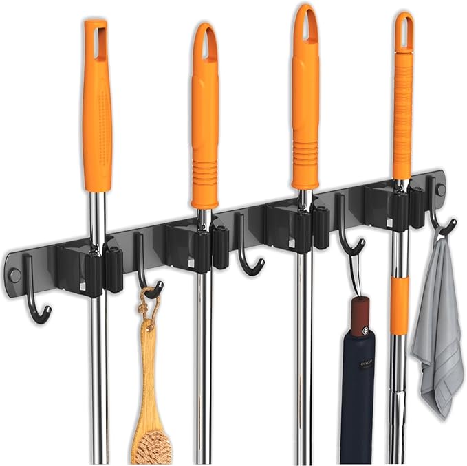CUXIXA Mop and Broom Holder Wall Mount, Upgraded Broom Organizer Wall Mount, Stainless Steel Broom Hanger Wall Mount for Kitchen Garden Laundry Room Decor(4 Racks with 5 Hooks Black) by CUXIXA