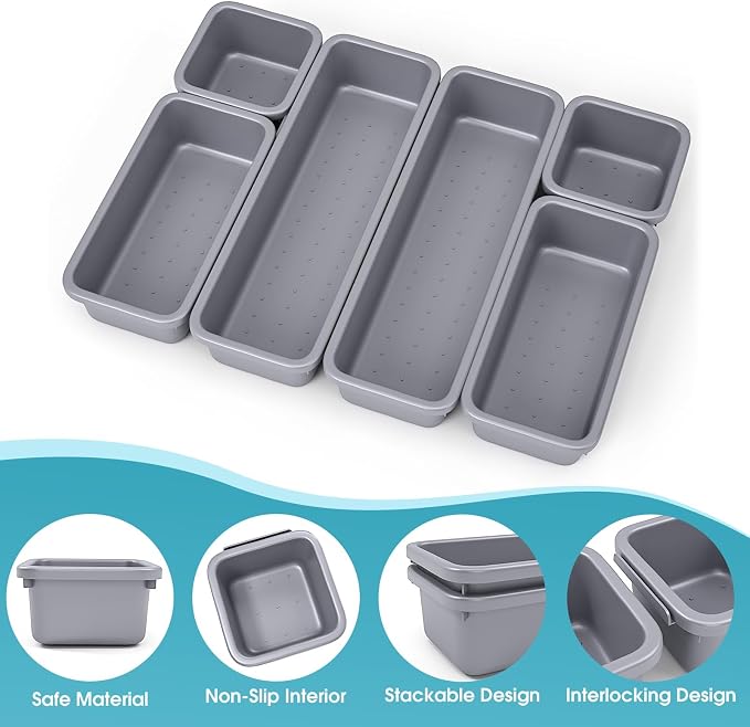 6 PCS Drawer Organizer Set, 3 Size Makeup Drawer Divider Organizer With Non-Slip Pads, Interlocking Plastic Storage Bins for Office,Jewelry Vanity,Gadgets, Bathroom,Kitchen, Grey - Image 3
