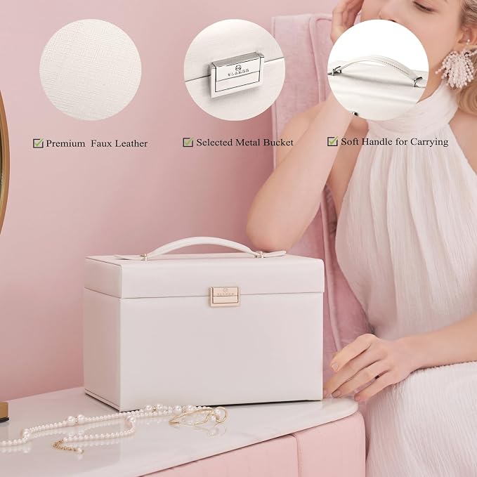 Vlando Mirrored Jewelry Box Organizer, Leather Jewelry Storage Case, Necklaces Earrings Rings Brackets Box Holder, Pearl White - Image 2