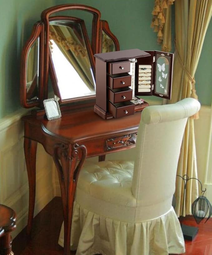RR ROUND RICH DESIGN Jewelry Box - Made of Solid Wood with 4 Drawers Organizer and Built-in Necklace Carousel and Large Mirror Brown - Image 6