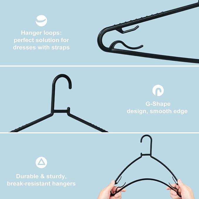 Byomostor Black Plastic Hangers 50 Pack, Light Weight Durable Clothes Hangers G-Shape Standard Size Non-Slip Coat Hanger Adult Clothes Hangers for Laundry & Everyday Use -Slim & Space Saving - Image 3
