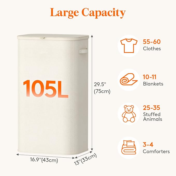 Lifewit 105L Large Laundry Basket with Lid, Laundry Hamper with Plastic Handles and Removable Bag, Foldable Tall Dirty Clothes Hampers for Laundry for Laundry Room, Bedroom, Bathroom, Dorm, White - Image 3