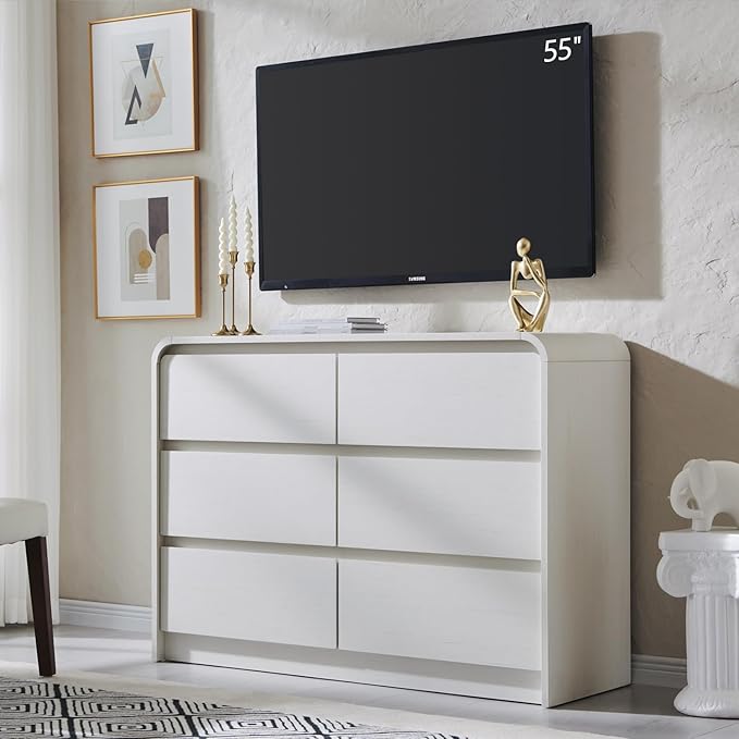 Aitjunz Modern 6 Drawers Dresser for Bedroom, 47" Wide Wood Dressers & Chests of Drawers with Curved Profile Design, Mid Century Modern Dresser for Closet for Bedroom, Living Room, Antique White