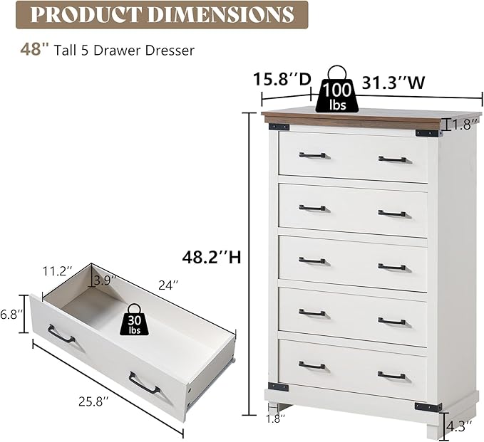 AMERLIFE 2 Pieces Farmhouse Bedroom Set, Includes Wood Rustic Full Size Bed Frame with 54" Tall Headboard, 48" Tall 5 Drawers Dresser Chest, Heavy Duty Thick Plank Styling, Antique White