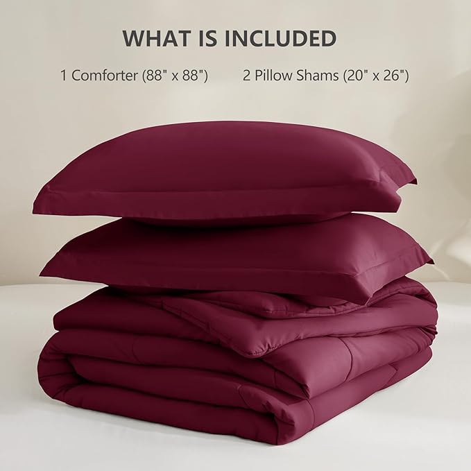 CozyLux Queen Comforter Set - Burgundy Comforters Queen Size, 3 Pieces Box Stitched Bed Set for All Seasons, Soft Lightweight Bedding Sets with 1 Down Alternative Comforter and 2 Pillow Shams