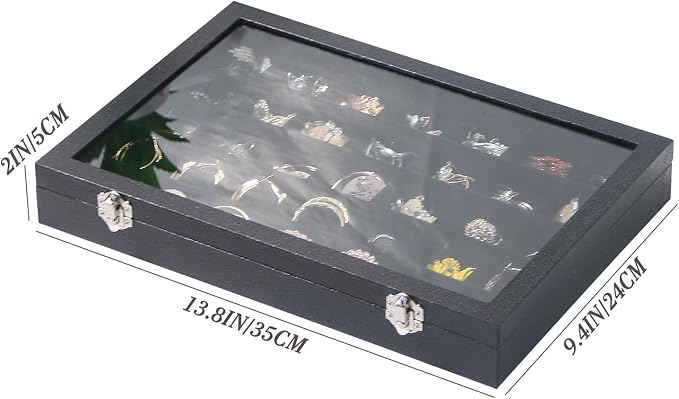 Coward Ring Earring Jewelry Organizer Box, 35 Grids Dustproof Display Holder Case, Black Velvet Jewelry Bead Display Tray Case with Transparent Glass Lid for Momen Girls - Image 6