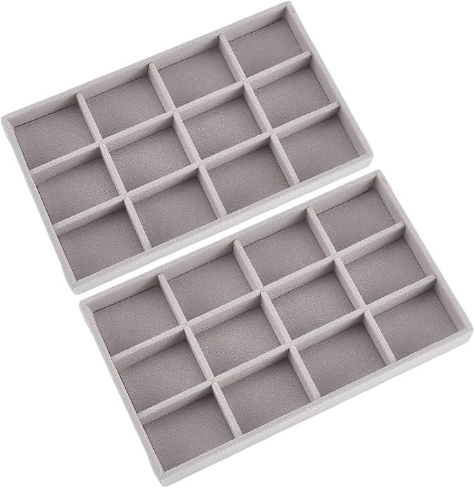 2Pcs 5 x 8.3 Inch Velvet Jewelry Trays Stackable Jewelry Organizer Removable Divider 12 Grids Divided Gray Necklace Storage Container Box Dresser Drawer Case for Earring Ring Display Showcase by SOFPLATE