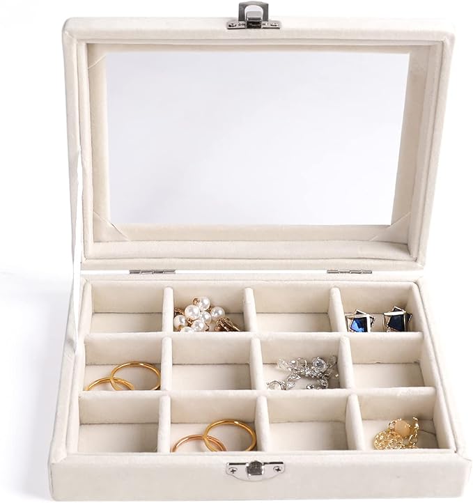 Frebeauty Jewelry Organizer Tray with Clear Lid - 12 Grid Velvet Drawer Insert Storage Box - Transparent Lid Display Case - Gift for Women (Beige, 12 Grid) - Image 2