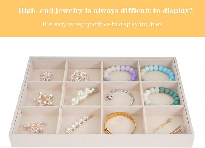 Large Velvet Jewelry Tray, Drawer Organizer for Jewelry in Dresser, Stackable Jewelry Drawer Organizer Inserts for Earring Necklace Bracelet Rings(Beige,12grid) - Image 8
