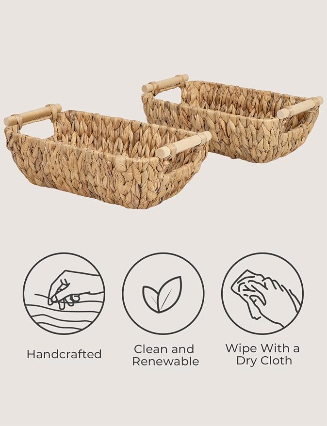 StorageWorks Hand-Woven Small Wicker Baskets, Water Hyacinth Storage Baskets with Wooden Handles, 2-Pack - Image 4
