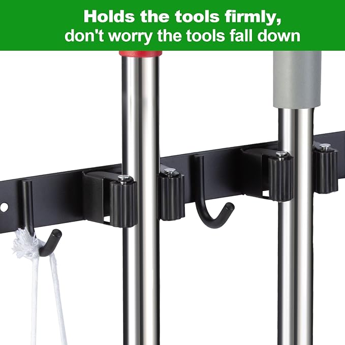 voze 2 Racks and 3 Hooks Mop and Broom Holder Wall Mount, Self Adhesive Heavy Duty Broom Organizer Storage Tool Racks for Kitchen Garden Laundry Garage - Image 4