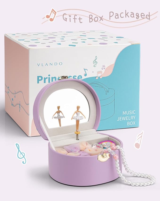 VLANDO Musical Jewelry Box for Girls, Small Kid Music Box with Ballerina for Party Bedroom Decor, Bithday Gift for Girl - Purple - Image 7