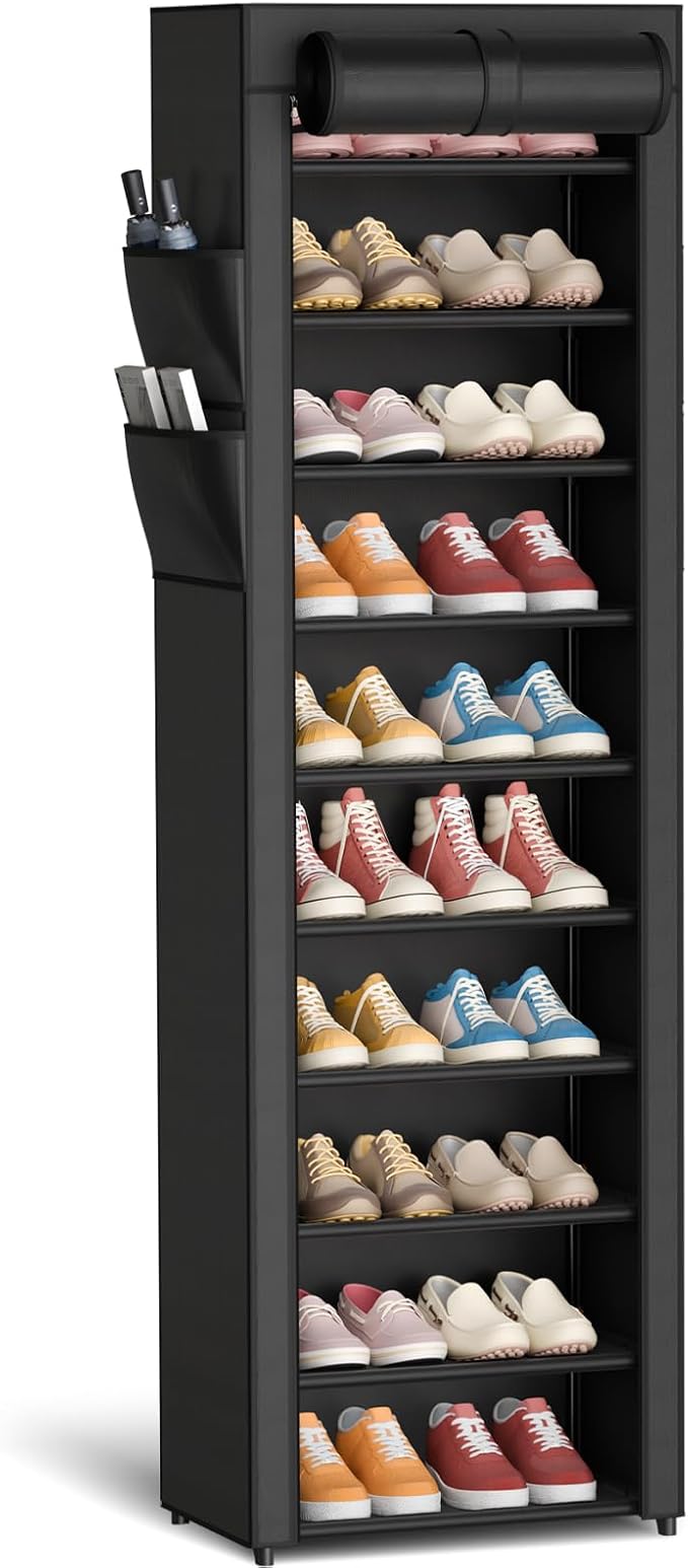 Kitsure Shoe Rack - 10-Tier Large Capacity Shoe Organizer Shelf with Dust Cover & Side Pockets, Rust-Proof Metal Shoe Rack for Closet, Entrance, Living Room, 17.5" x 12.4" x 69.3", Black by Kitsure