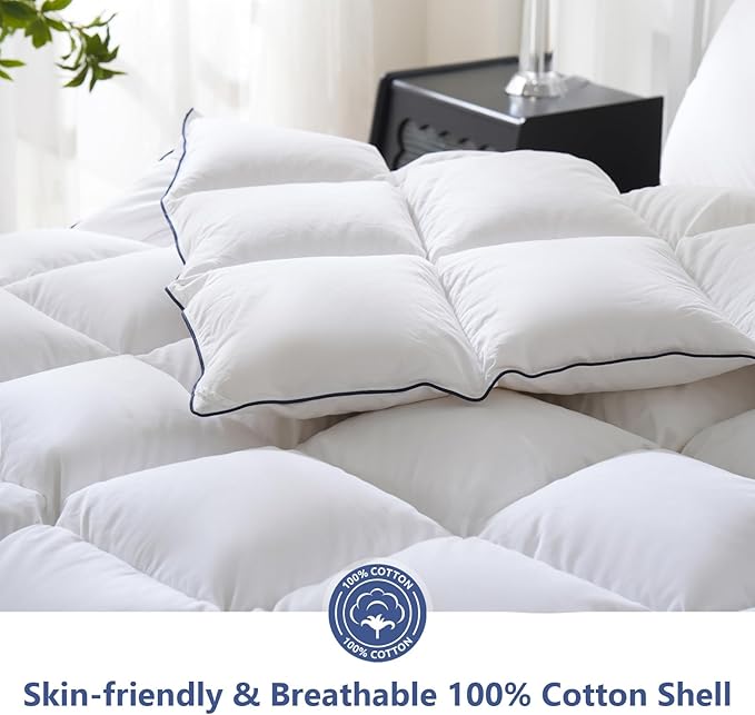 DOWNCOOL Feather Down Fiber Comforter King Size, 100% Cotton Ultra Soft Fluffy Duvet Insert King, All Season Luxurious Hotel Bedding Comforters with Corner Tabs, White 106"x90"