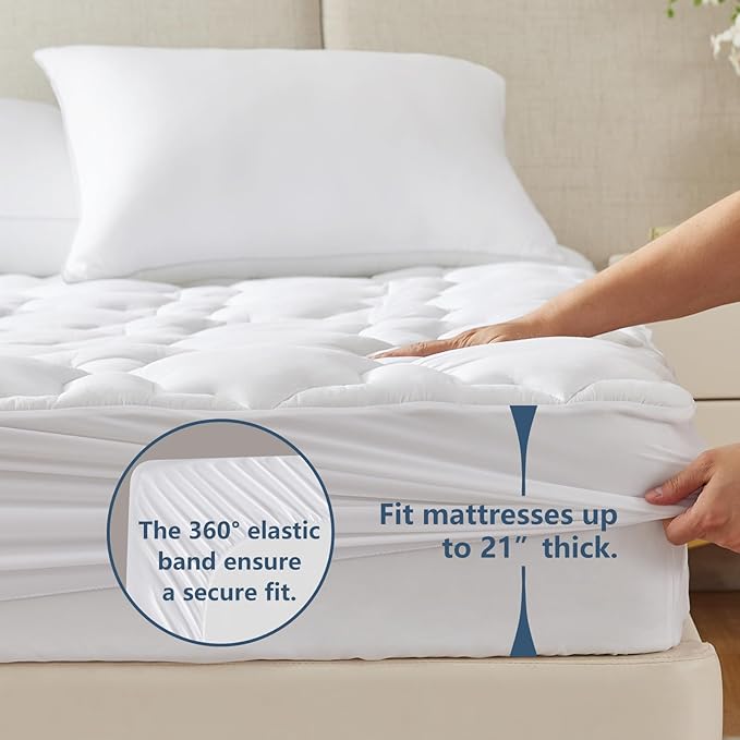 CozyLux King Mattress Pad - Cotton Mattress Topper King Size up 8-21" Thick Mattresses, 450GSM Quilted Fitted Breathable & Soft Mattress Cover, Cooling Mattress Protector (78"x80", White)