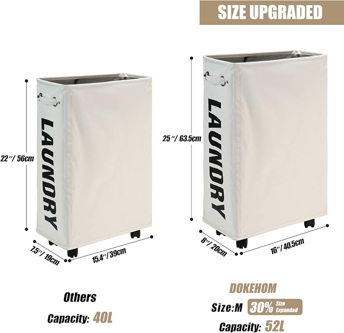 DOKEHOM 25-Inches Slim Laundry Basket on Wheels, Collapsible Rolling Laundry Hamper, Foldable Narrow Corner Clothes Storage Bins (Beige) - Image 3