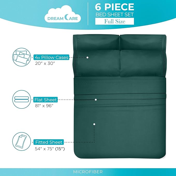 DREAMCARE Full Size Sheets - 6 pcs Breathable Cooling Bed Sheets - up to 15" Deep Pocket Full Size Bed Sheets wth Side Pockets - Extra Soft 100% Brushed Hypoallergenic Hotel Luxury Bedding Emrld Green