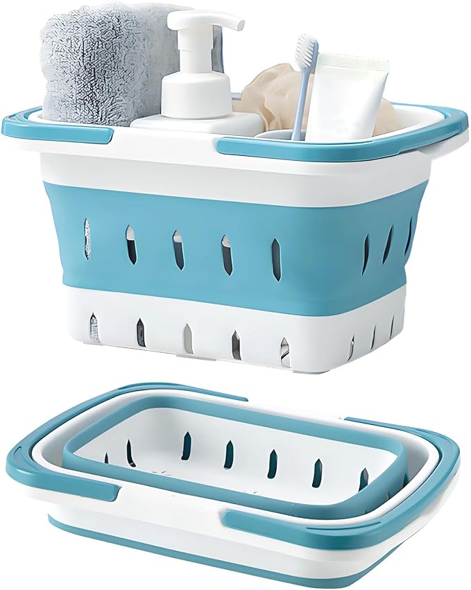 Fammart Portable Shower Caddy Tote – Collapsible Plastic Basket with Handles, Foldable Storage Organizer for Bathroom, Kitchen, College Dorm, Gym, Travel & Camping, Blue by Fammart