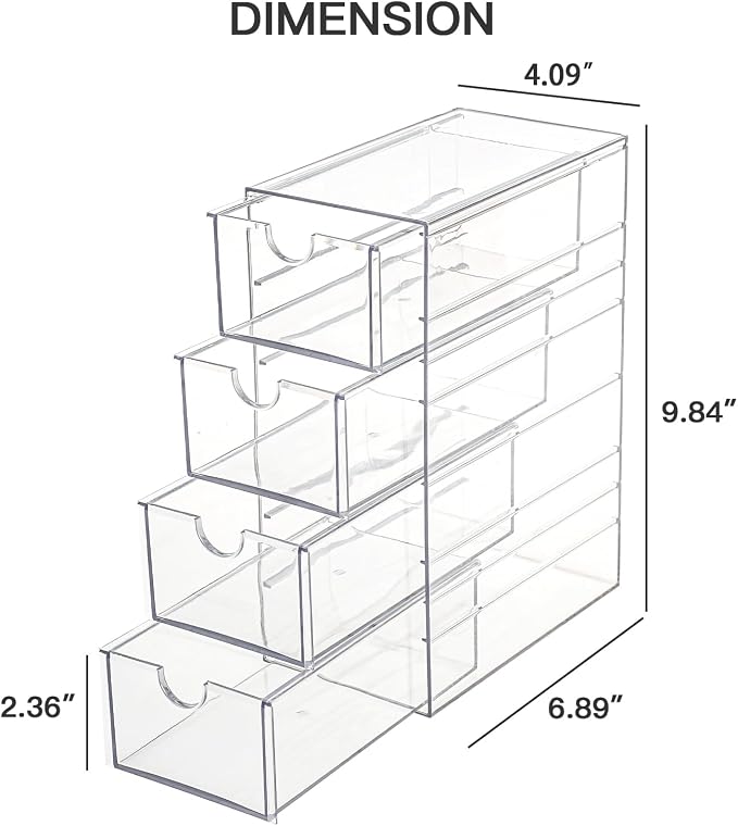 FABROK Clear Hair Accessory Organizer Box with 4 Drawers, Compact Storage Organization Drawers Set for Cosmetics, Glasses, Stationery, Stackable Storage Containers Box for Bathroom, Closet, Desk, Office - Image 3