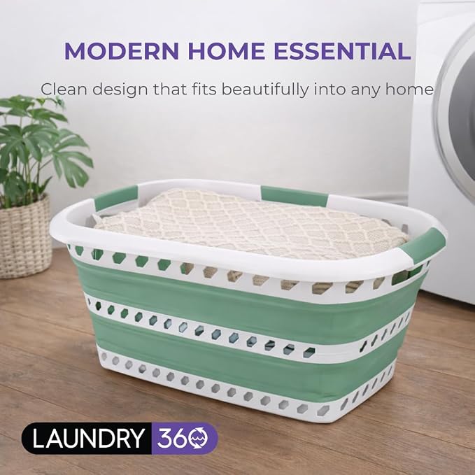 Laundry 360 Collapsible Laundry Basket | Portable | Space Saver Storage | Hold 2 Loads | Store Under the Bed or Closet | Good for Kids | Dorm | Bedroom | Large | White/Sage - Image 6