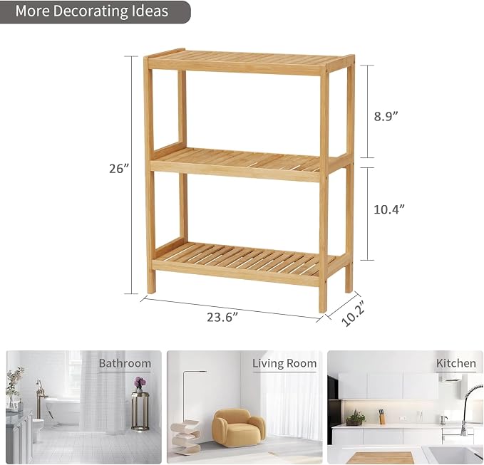 Bamboo Bathroom Shelf, Stand Utility Storage Shelf Multifunctional Bathroom Kitchen Living Room Holder Plant Flower Stand (3-Tier) - Image 3
