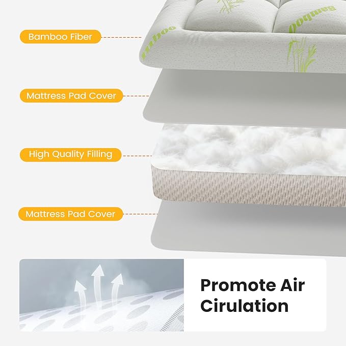 King Cooling Pillow Top Mattress Topper – Ultra-Soft Bamboo Viscose Cover, Deep Pocket 8-16" Stretch Skirt, Oeko-TEX & CertiPUR-US Certified Plush Pad for Back Pain Relief