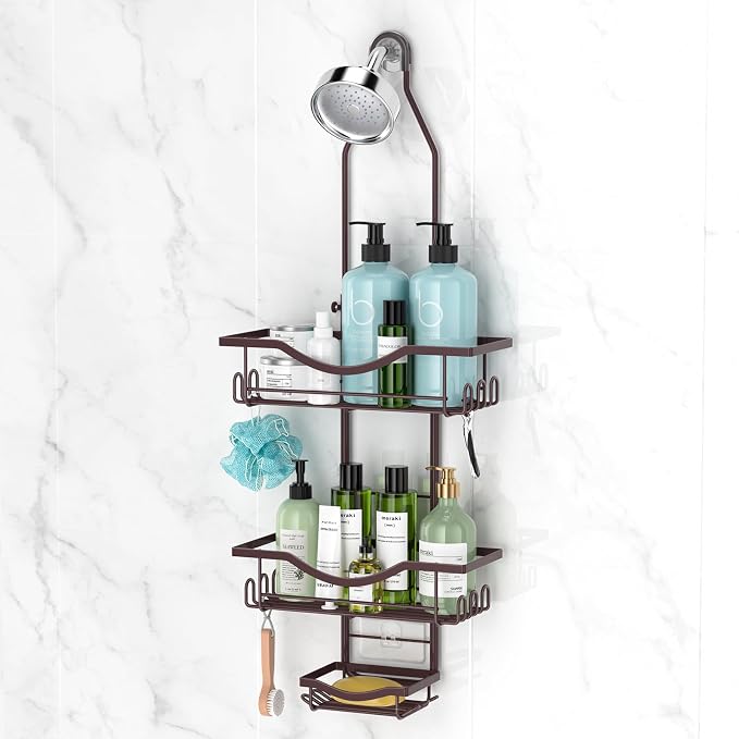 REINHARDT Shower Caddy Hanging Adjustable, Extended Length Rustproof Showers Caddy Over Showerhead with Hooks Soap Holder, Large Capacity Shower Organizer Anti-Swing Bathroom Organizer, Bronze by REINHARDT