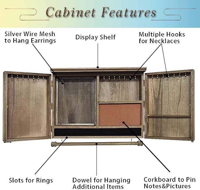 Rustic Wall Mounted Jewelry Organizer,Vintage Wooden Hanging Jewelry Holder Box with Barndoor Decor for Necklaces, Earings, Bracelets, Rings, Accessories. Includes Hook Organizer - Image 4